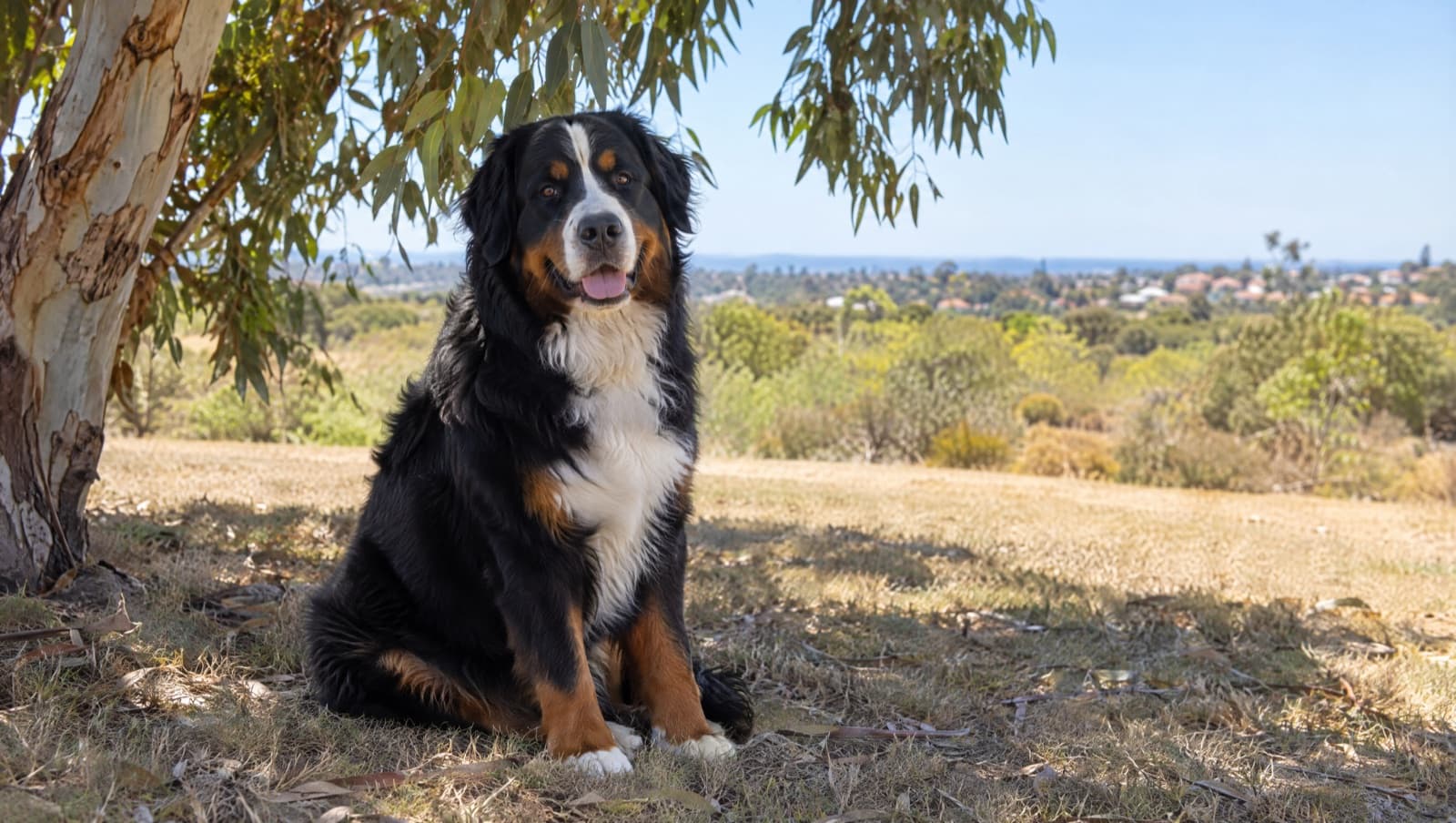 A tricolour Bernese Mountain Dog sitting calmly in the shade of a Perth park on a hot dry day, representing the gentle Swiss giants and Bernese crosses occasionally available for adoption through Perth and Western Australian rescue