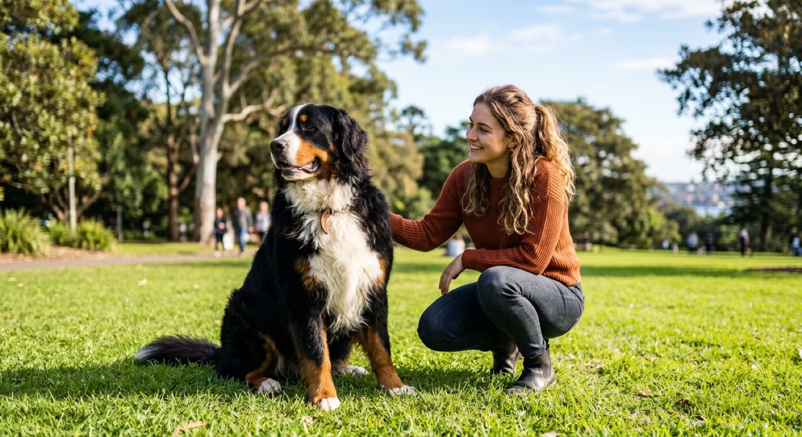 A large tricolour Bernese Mountain Dog with a black, white and rust coat lying calmly on the grass in a Sydney park, representing the gentle Swiss giant breed that turns up for adoption across Sydney and NSW rescues