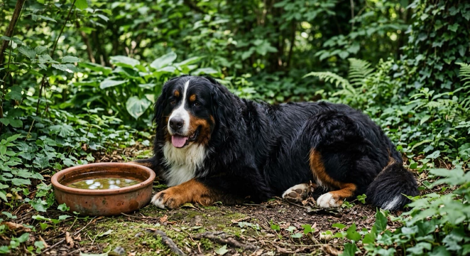 A Bernese Mountain Dog with its thick tricolour double coat, illustrating coat care and heat management for the breed in the Brisbane climate