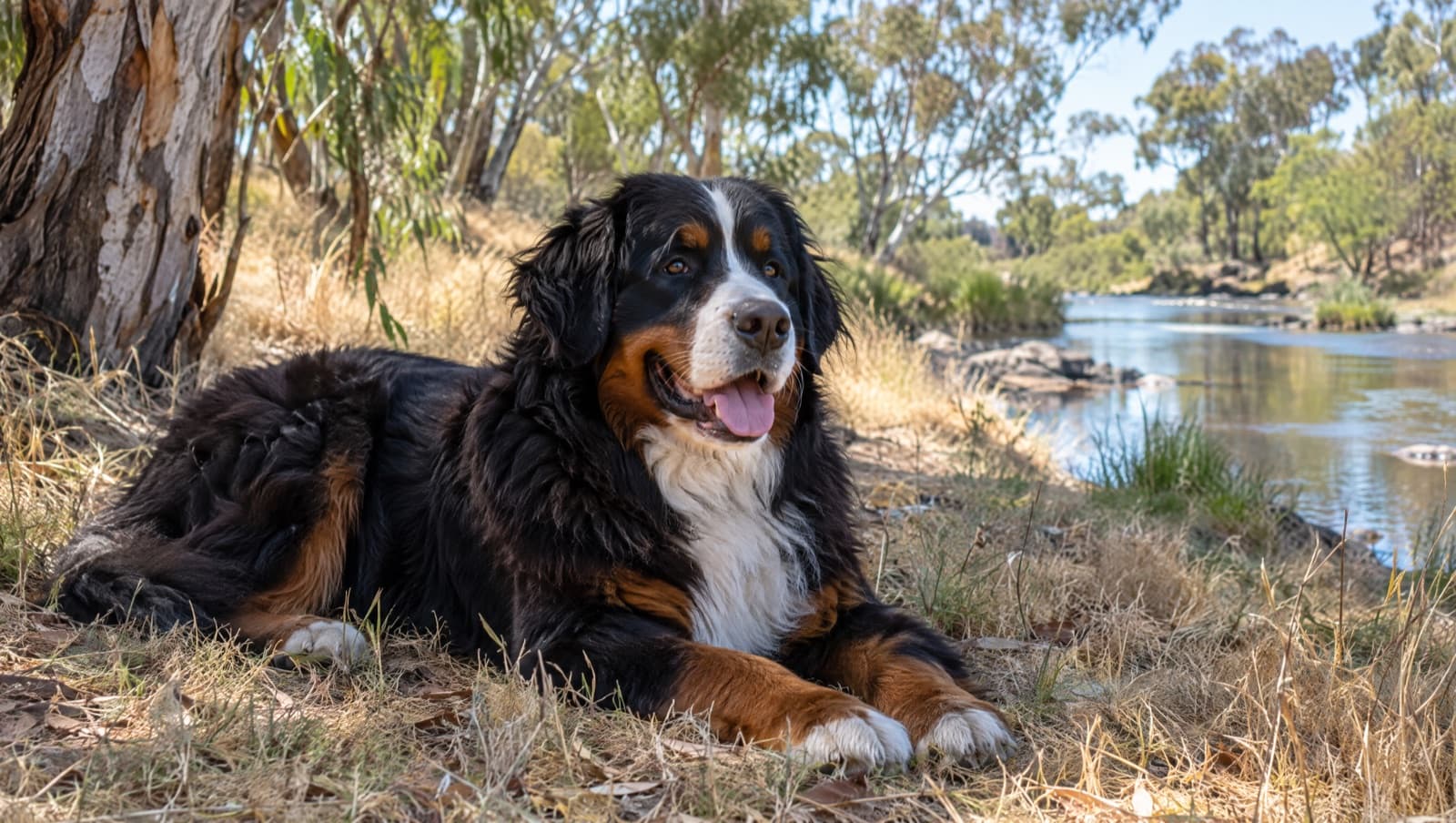 A Bernese Mountain Dog with its thick tricolour double coat resting in cool shade beside water on a hot dry Perth day, illustrating coat care and heat management for the breed in the Western Australian climate