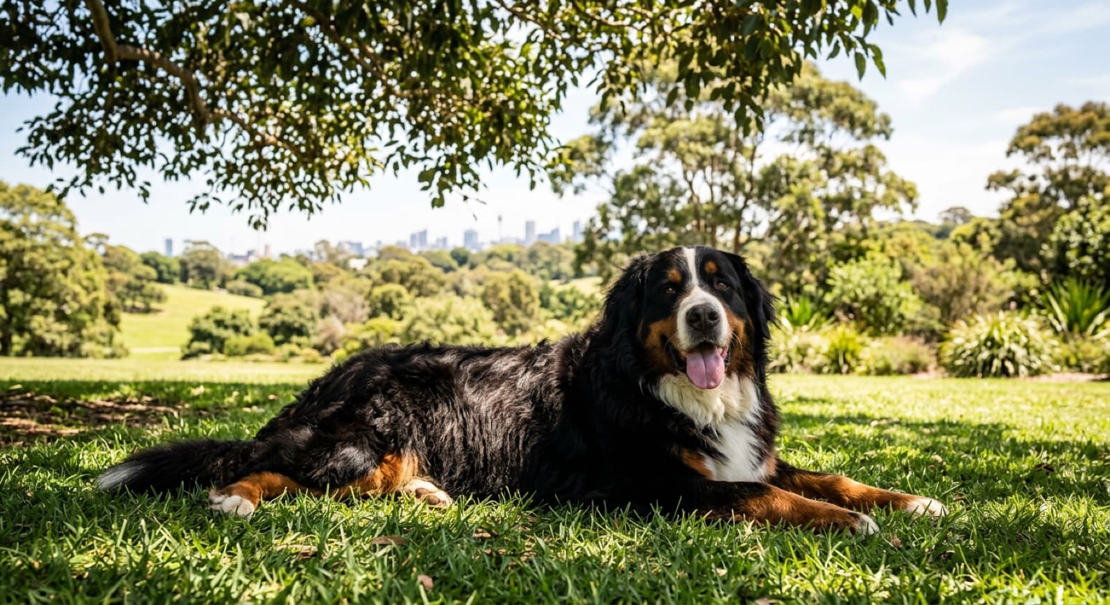 A Bernese Mountain Dog with a thick black, rust and white tricolour coat resting in the shade on a warm Sydney day, showing the heavy double coat and feathering of the breed