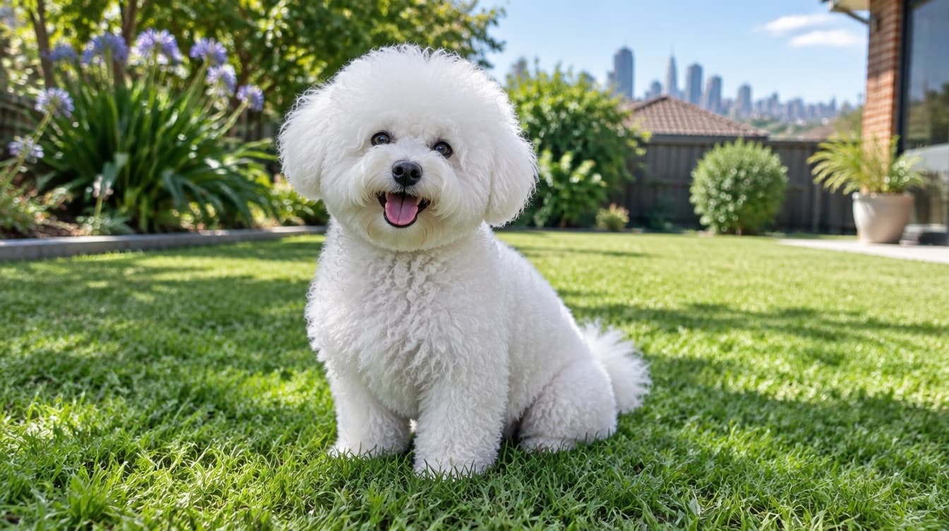 A small fluffy white Bichon Frise sitting on grass in a sunny Brisbane park, representing the cheerful companion dogs available for adoption across Brisbane and Queensland rescues