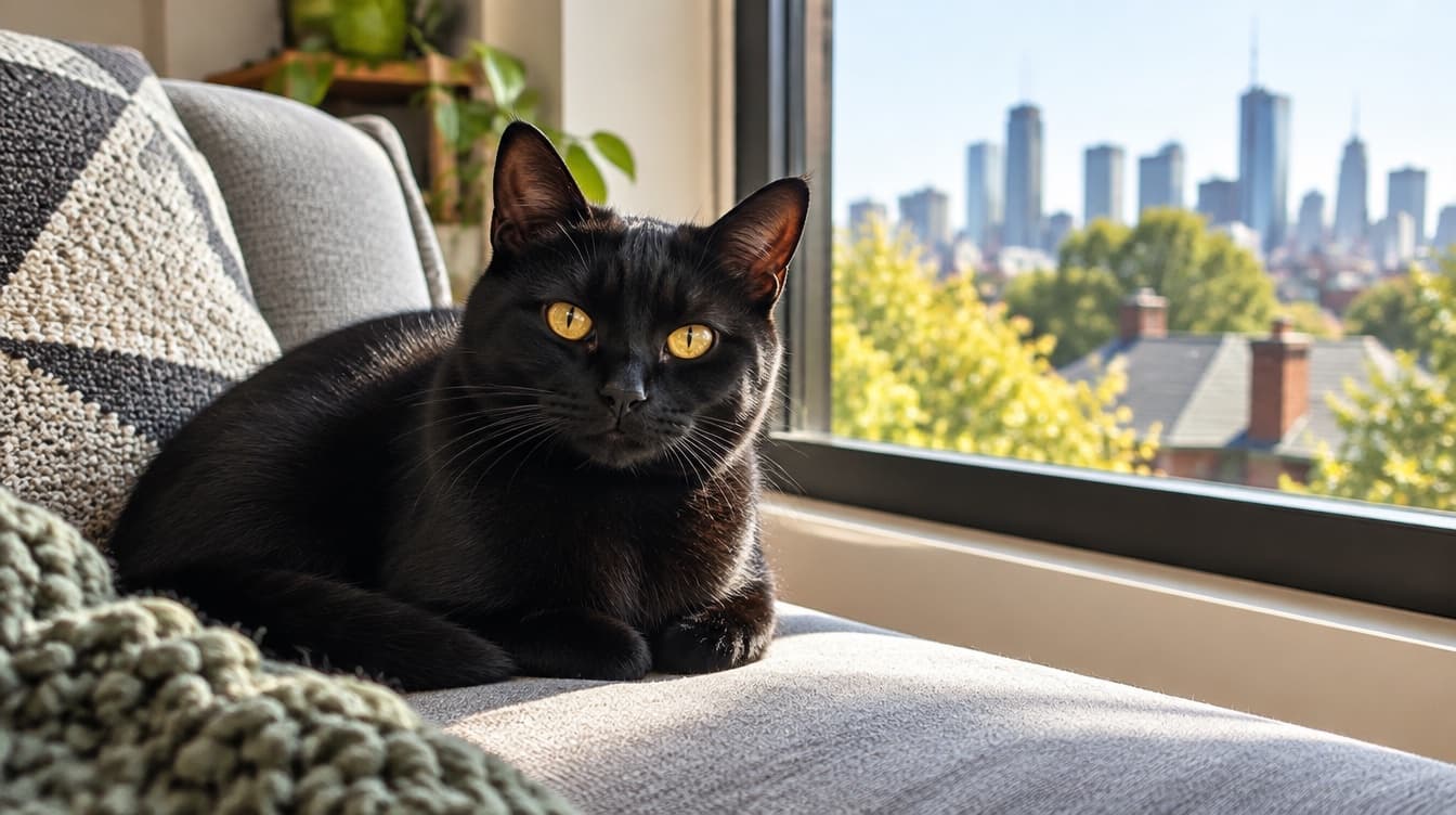 A glossy black cat with golden eyes resting on a sofa in a Melbourne home, representing the many black cats waiting for adoption through Victorian rescues