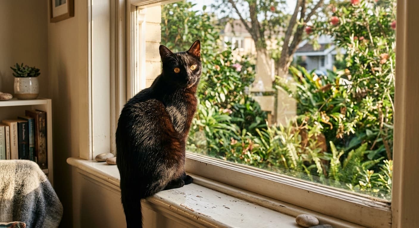 A sleek black rescue cat with bright amber eyes sitting on a windowsill in a sunny Sydney home, representing the black cats available for adoption from Sydney rescues