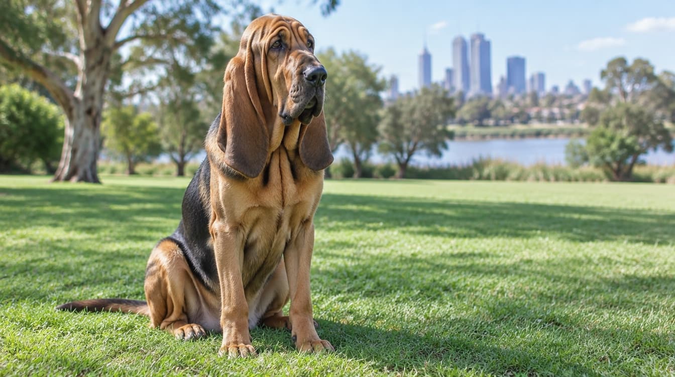 A large tan and black Bloodhound with long ears and loose facial folds sitting calmly on grass in a sunny Brisbane park, representing the gentle scent hounds occasionally available for adoption across Brisbane and Queensland rescues