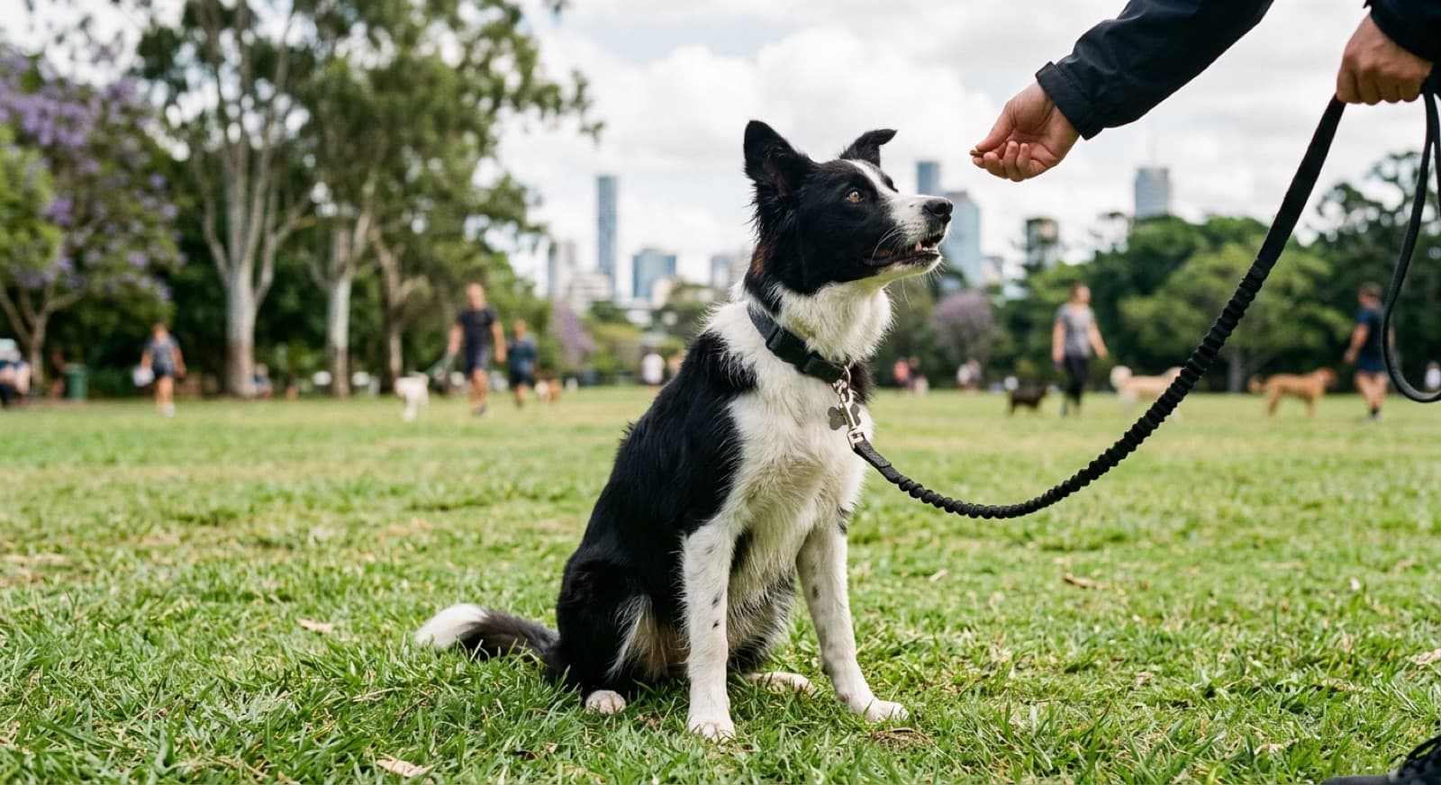 A young Border Collie in training outdoors, representing the demanding adolescent phase and reward-based training of the breed