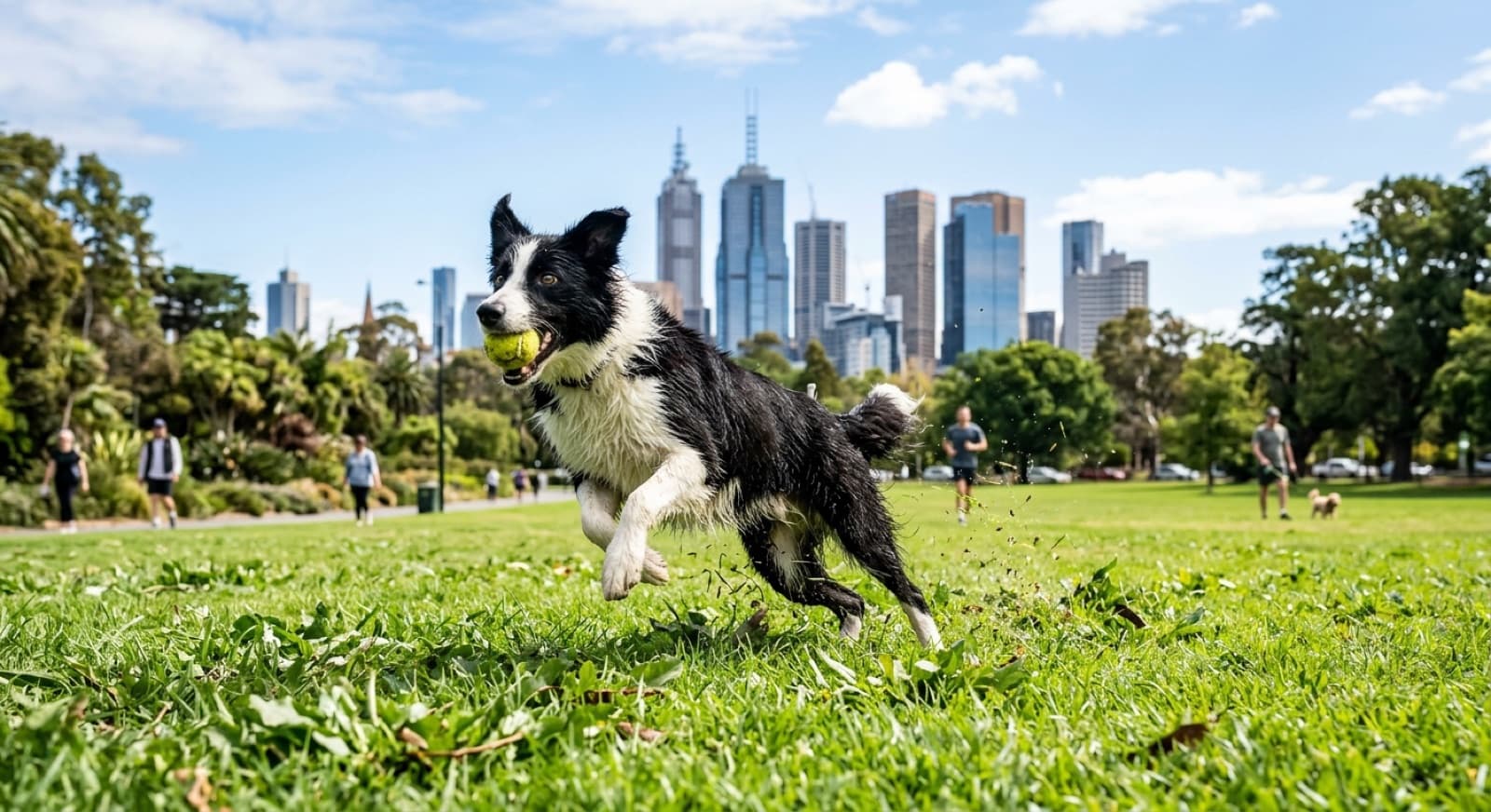A young Border Collie focused on a training cue in a grassy Melbourne park during its adolescent stage