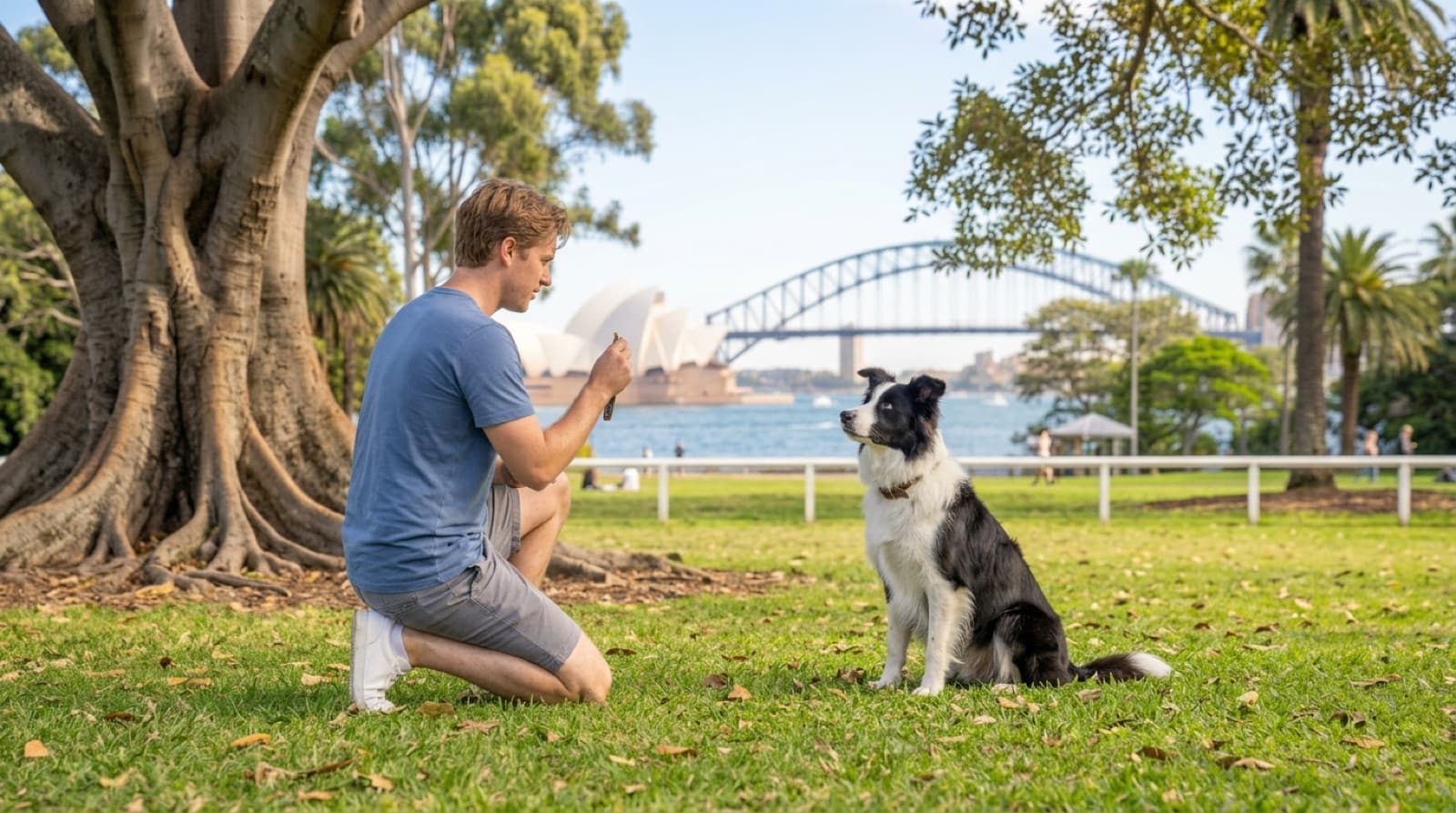 A young Border Collie focused on a training cue in a grassy Sydney park during its adolescent stage