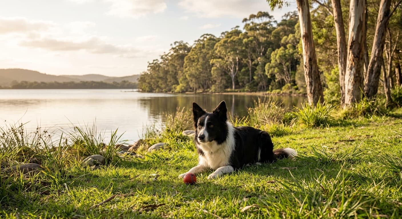 A black and white Border Collie lying alert on a grassy reserve beside a calm coastal lake on the NSW Central Coast, watching a ball in the late afternoon light