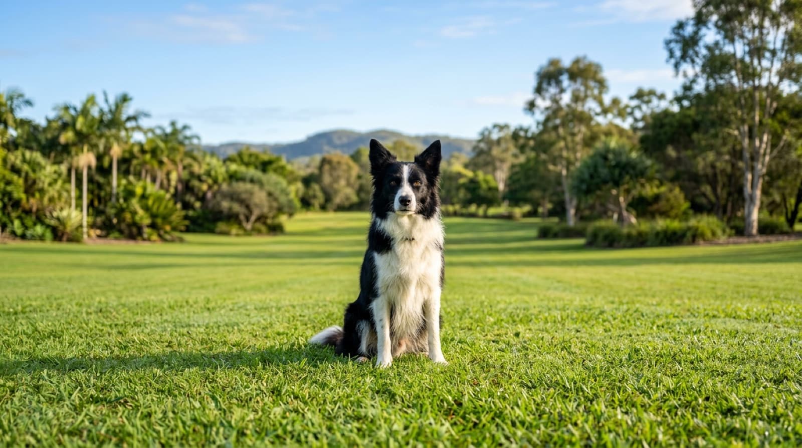 An alert black-and-white Border Collie on a grassy Gold Coast parkland, representing the rescue Border Collies available for adoption across Queensland