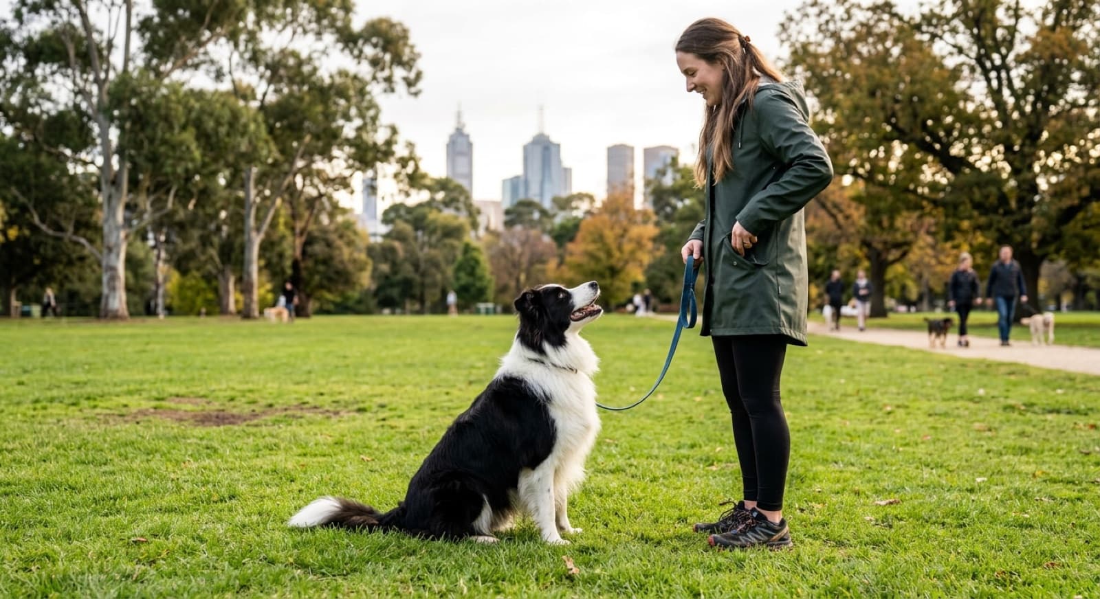 A black and white Border Collie sitting alert on a sunny Melbourne park lawn, representing the rescue dogs available for adoption across Victoria