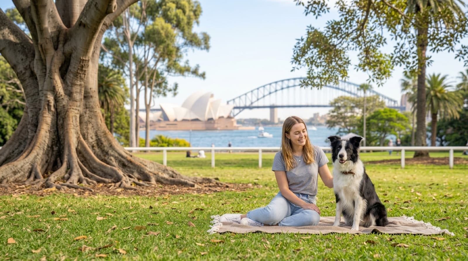A black and white Border Collie sitting alert on a sunny Sydney park lawn, representing the rescue dogs available for adoption across NSW