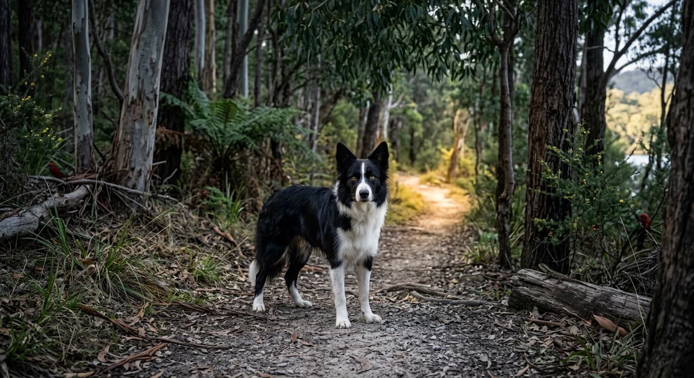 A healthy adult black and white Border Collie standing on a shaded bushland trail among eucalypts on the NSW Central Coast, coat glossy and eyes bright