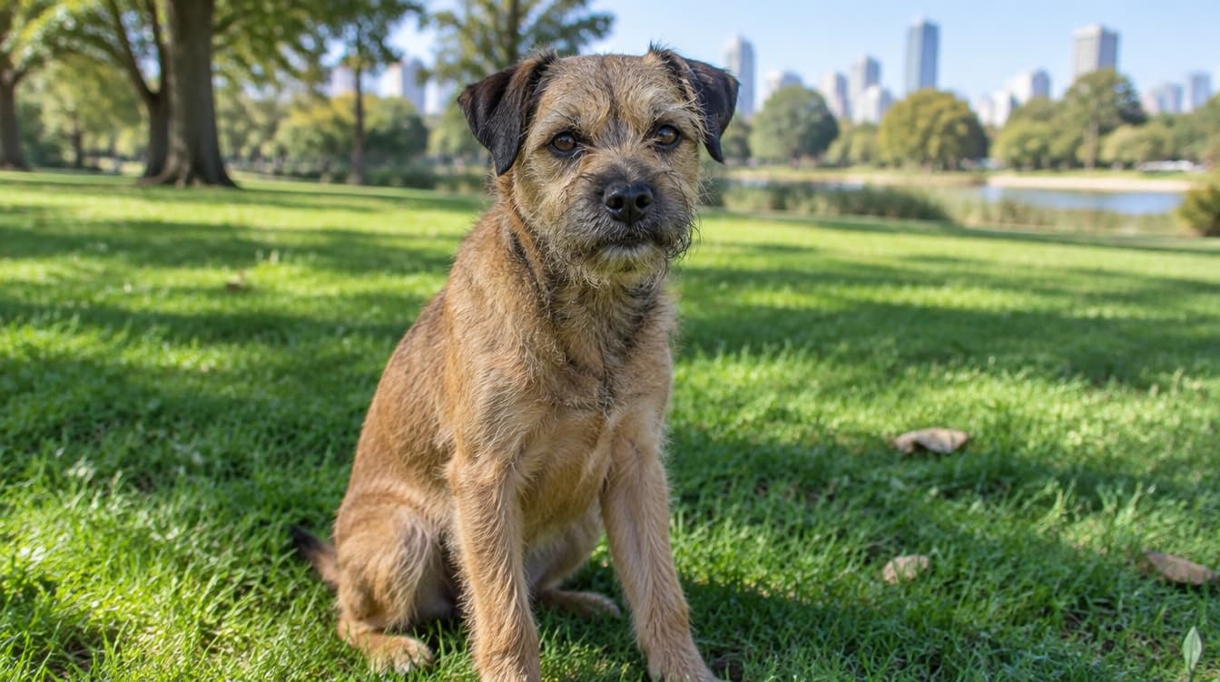A wiry tan Border Terrier standing alert on the grass in a Melbourne park, representing the rescue Border Terriers available for adoption across Victoria