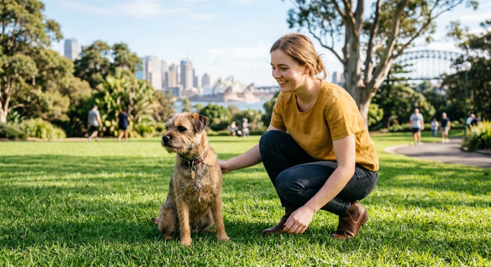 A grizzle-and-tan Border Terrier with a scruffy wiry coat and distinctive otter-shaped head standing alert on a grassy Sydney park path, representing the hardy little working terrier that turns up for adoption across Sydney and NSW rescues