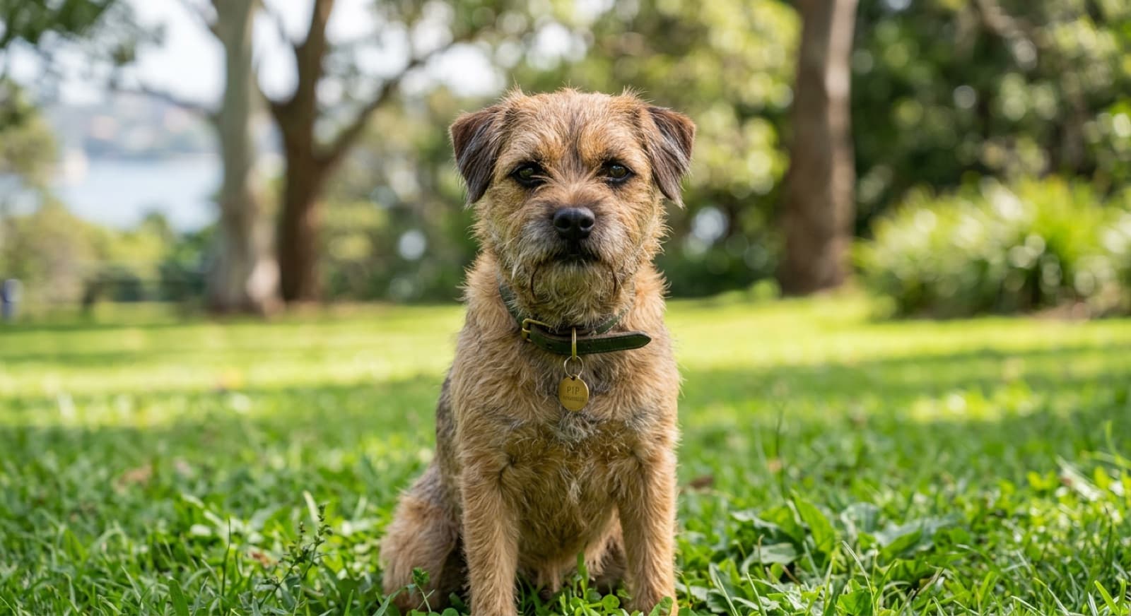 A wiry grizzle-and-tan Border Terrier with an otter-shaped head standing alert on a bush track near Sydney, a hardy small working terrier known for its long life