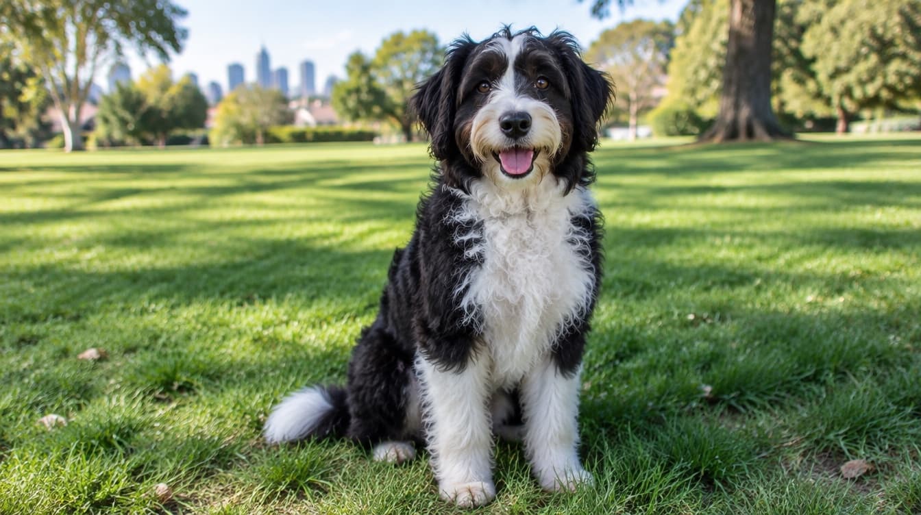 A curly-coated Bordoodle sitting on the grass in an Adelaide park, representing the rescue Bordoodles and Border Collie crosses available for adoption across South Australia