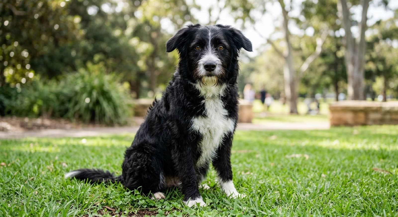 A black-and-white Bordoodle with a wavy coat and soft floppy ears sitting alert on grass in a sunny Sydney park, a Border Collie and Poodle cross for which routine eye, ear and joint care is the key to a long, comfortable life