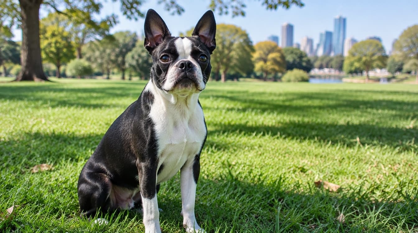 A small black and white Boston Terrier sitting alert on grass in a sunny Gold Coast park, representing the Boston Terriers and Boston crosses available for adoption across Gold Coast and Queensland rescues