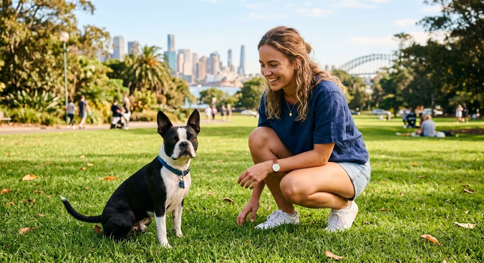 A small black-and-white tuxedo-coated Boston Terrier with upright ears sitting alertly on the grass in a shady Sydney park, representing the dapper flat-faced companion purebred that turns up for adoption across Sydney and NSW rescues