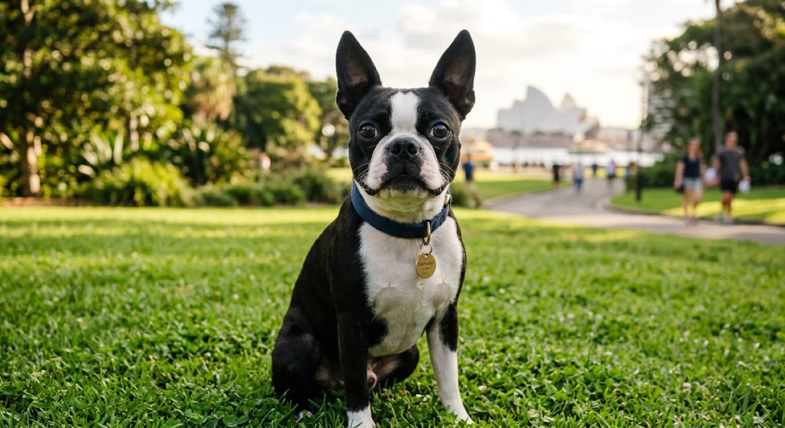 A tuxedo-marked Boston Terrier with large round eyes sitting in a shaded Sydney park, a flat-faced breed whose health hinges on breathing, heat and eye care