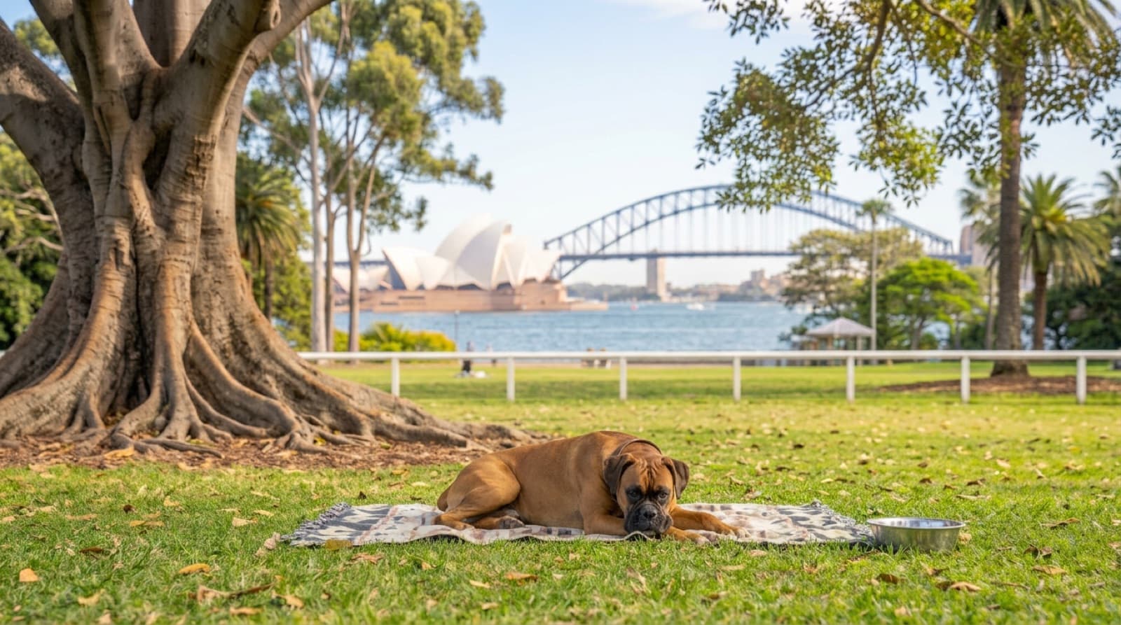 A Boxer resting in the shade on a warm Sydney day, illustrating safe exercise and heat management for the breed