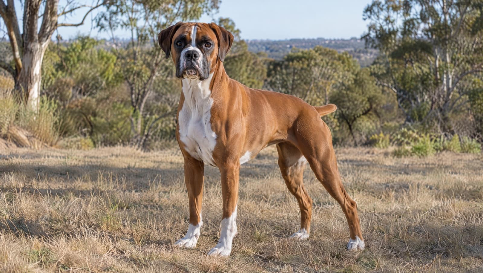 A healthy fawn Boxer with natural ears standing on dry golden grass in a Perth park, illustrating the breed health issues rescue adopters in Western Australia should plan for