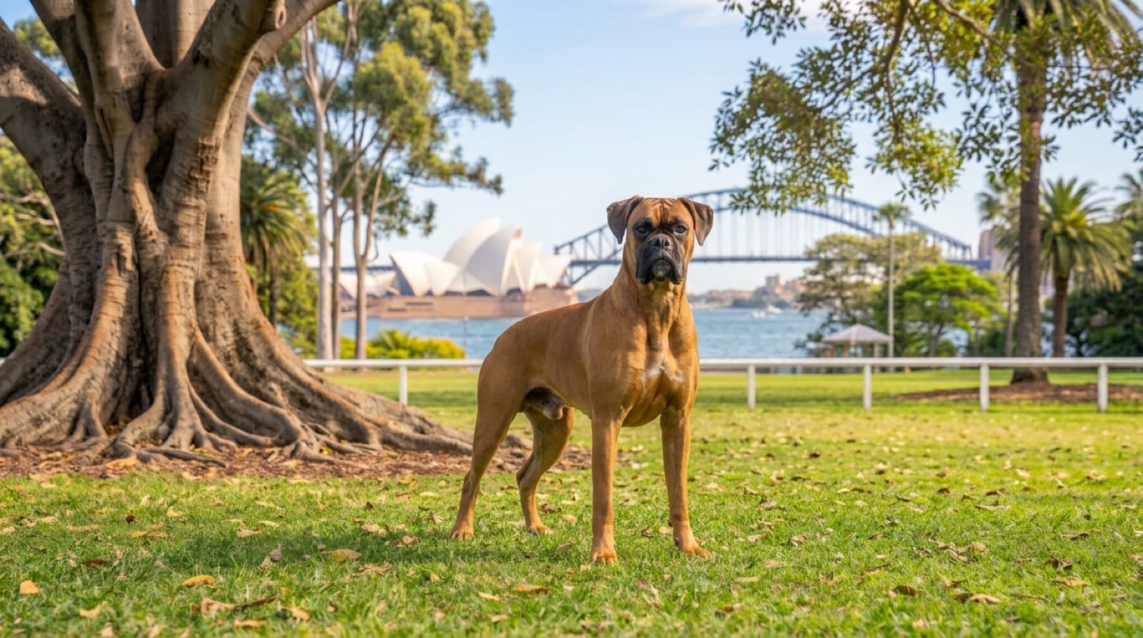 A healthy adult Boxer standing on a Sydney lawn, illustrating the breed health issues rescue adopters should plan for