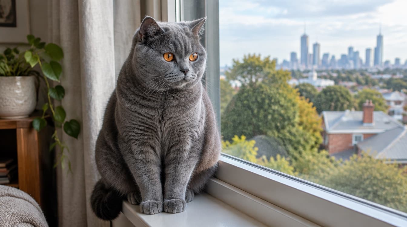 A plush blue British Shorthair cat sitting calmly in an Adelaide home, representing the British Shorthair-type and plush shorthaired cats that occasionally come up for adoption through South Australian rescues