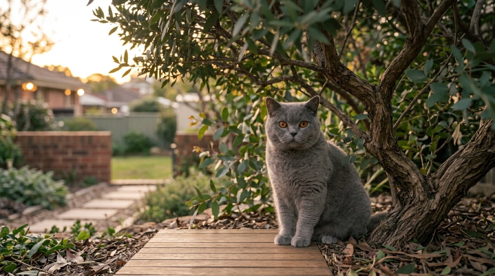 A plush grey British Shorthair cat with round copper eyes sitting indoors, representing the British Shorthairs and crosses that occasionally come up for adoption in Brisbane and Queensland rescues