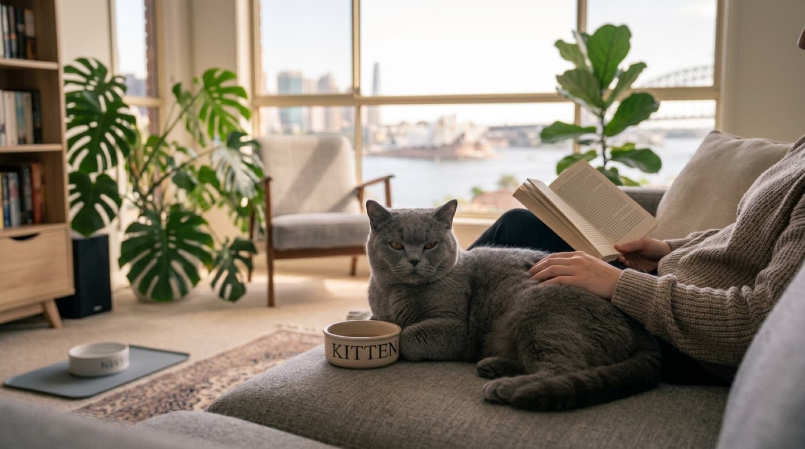 A calm plush-coated British Shorthair cat resting indoors, illustrating the breed's easygoing temperament and dense coat that needs regular care, for Brisbane owners