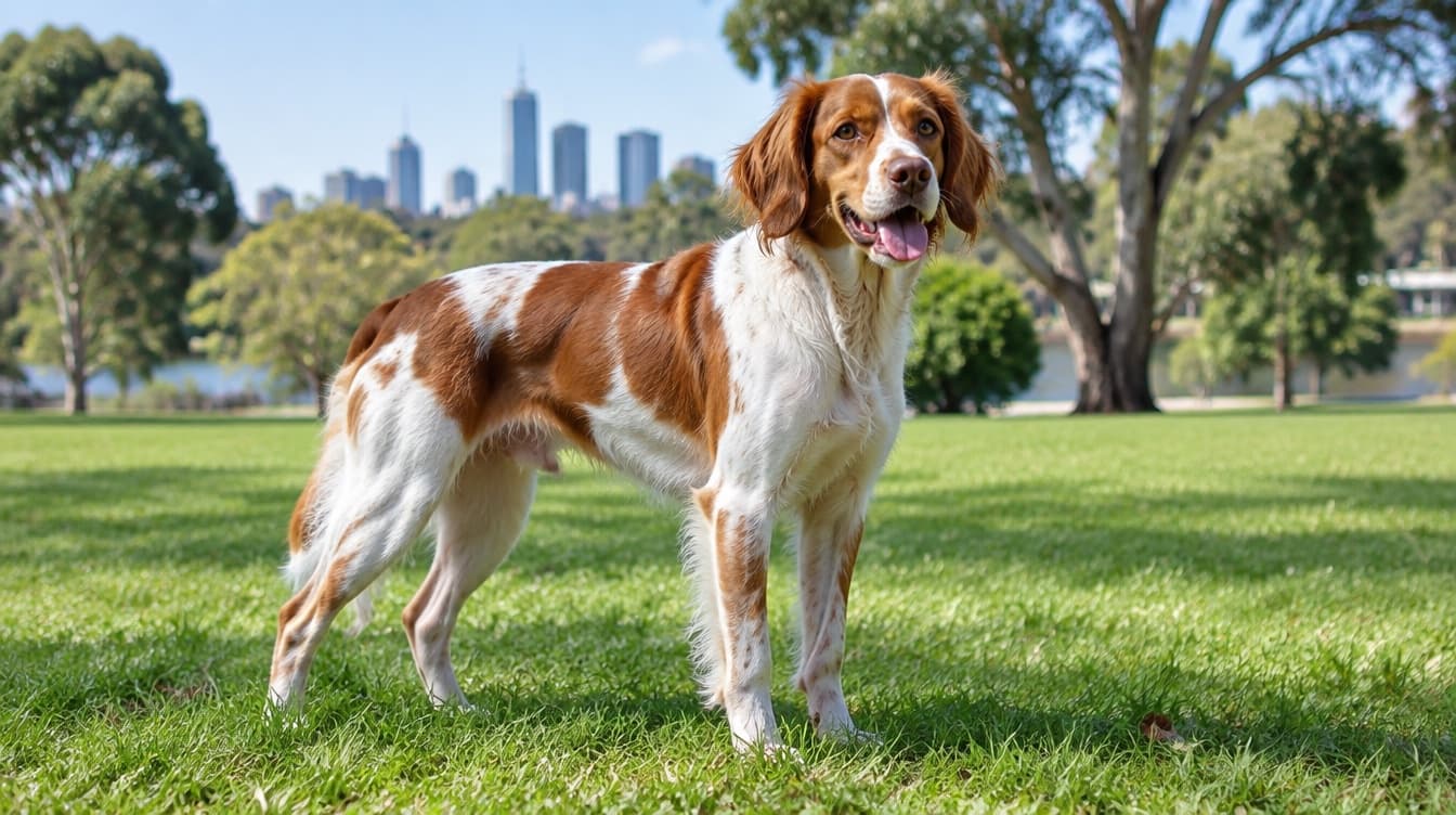 An orange and white Brittany gundog standing on the grass in an Adelaide park, representing the rescue Brittanys available for adoption across South Australia
