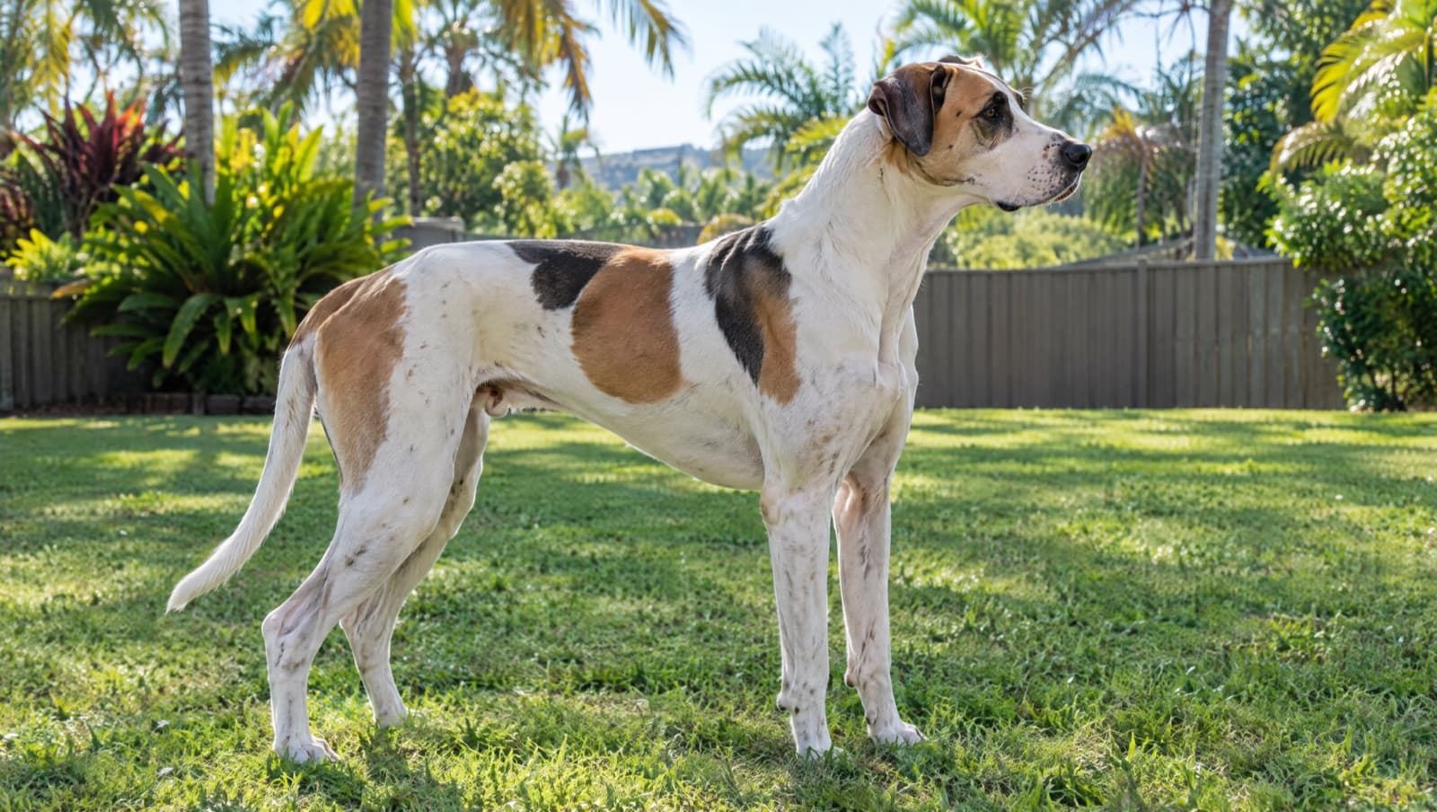 A tall lean-muscular short-coated Bull Arab, white with patches, standing alert in a securely fenced Gold Coast backyard, representing the loyal Australian working dogs available for adoption in Queensland rescue