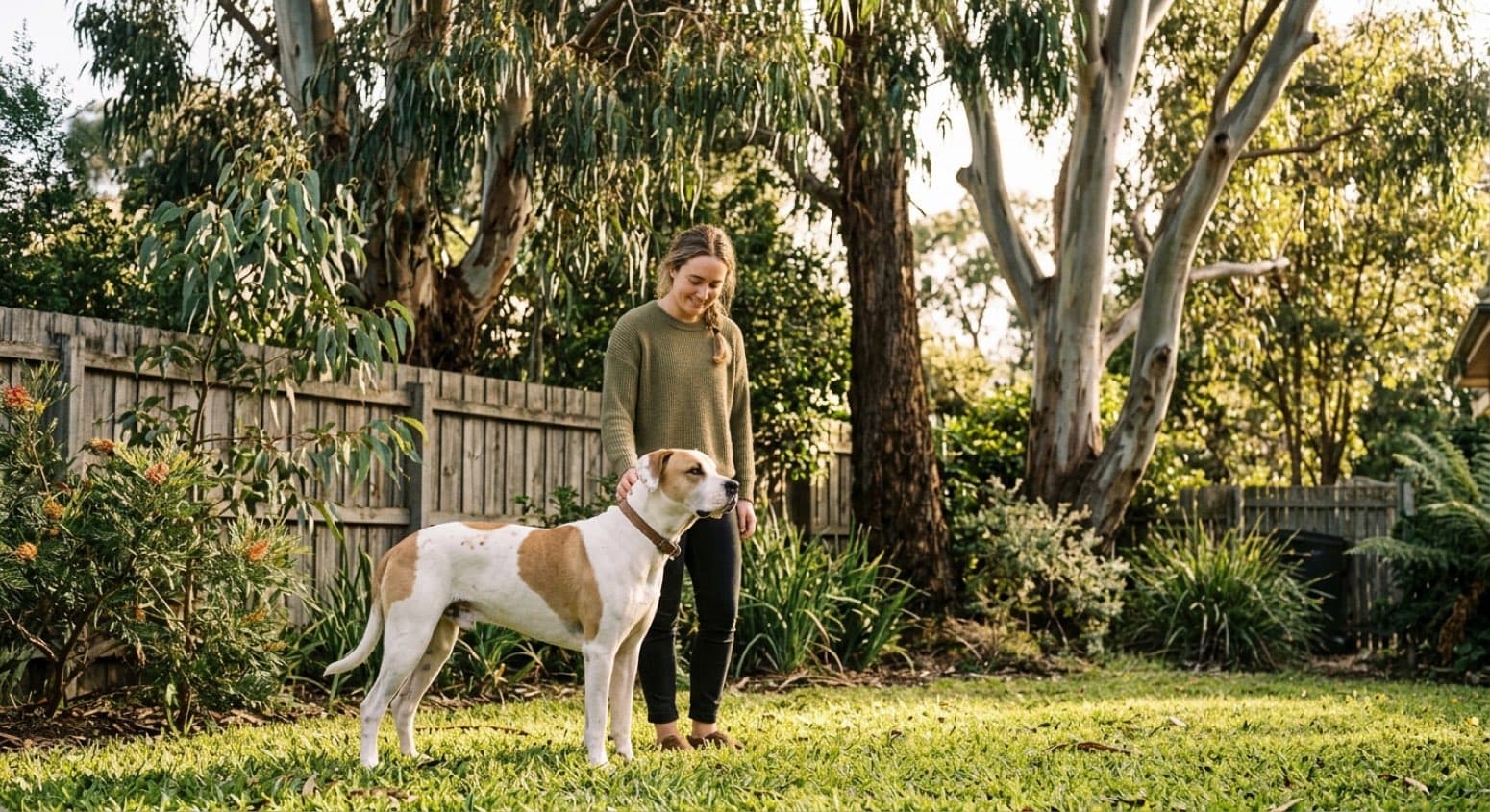A large athletic short-coated Bull Arab standing alert on a grassy property near Melbourne, representing the loyal Australian working dogs available for adoption in Victorian rescue