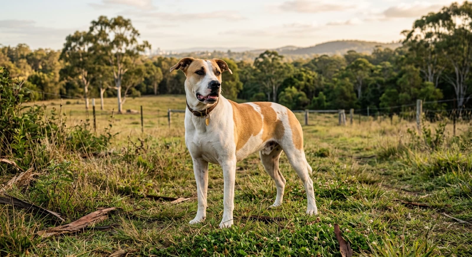A large athletic short-coated Bull Arab standing alert on a grassy property near Sydney, representing the loyal Australian working dogs available for adoption in NSW rescue