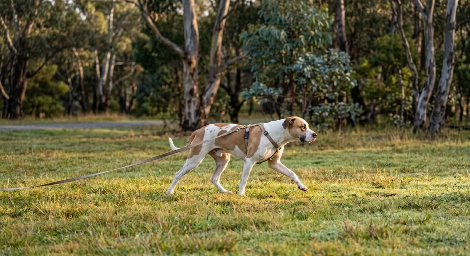 A Bull Arab running at full stretch across a securely fenced paddock on the outskirts of Melbourne, the safe way to exercise a powerful high-drive working breed