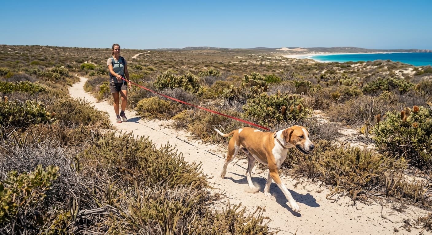 A Bull Arab on a long line walking with its owner along a sandy track through low coastal scrub near Perth, the safe way to exercise a powerful high-drive working breed