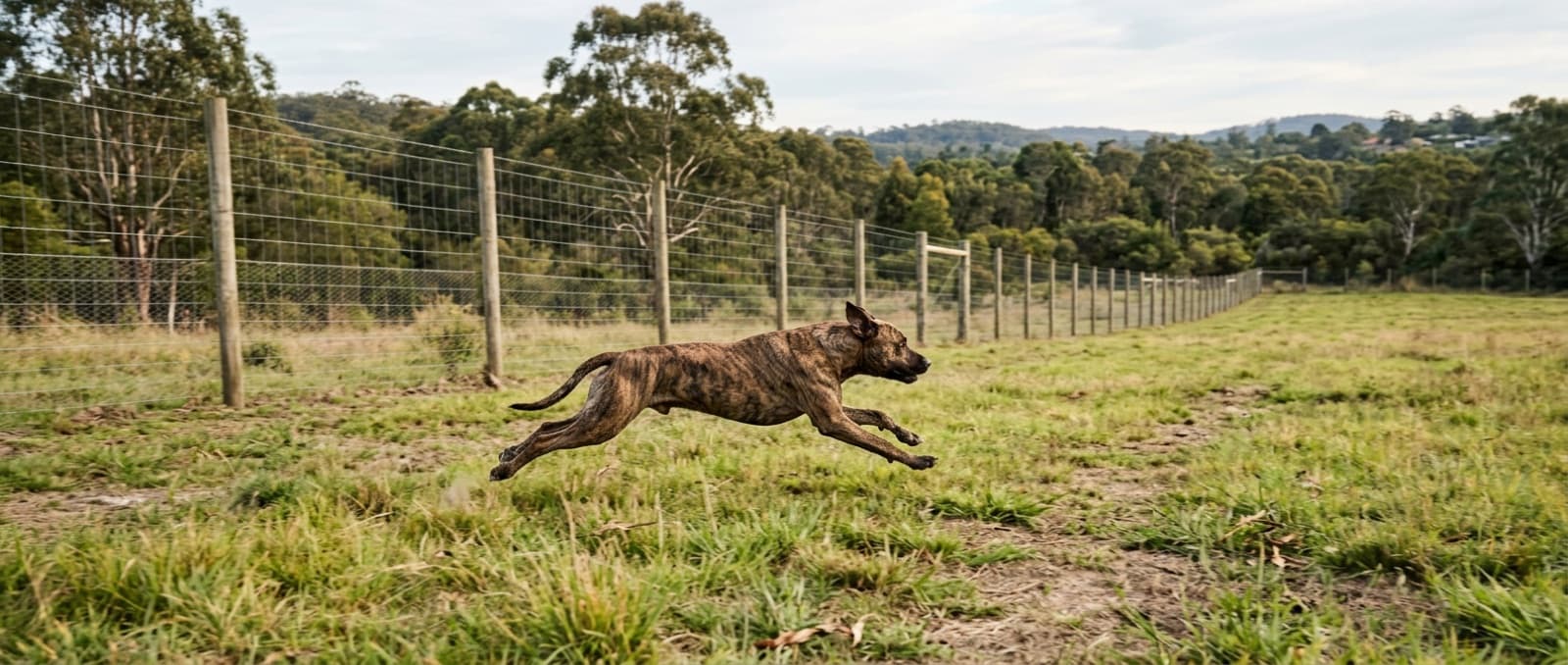 A Bull Arab running at full stretch across a securely fenced field on the outskirts of Sydney, the safe way to exercise a powerful high-drive working breed