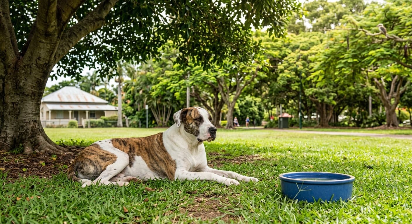 A healthy, short-coated white and brindle Bull Arab resting in the shade of a tree in a grassy Brisbane suburban park beside a water bowl, illustrating a guide to keeping the Australian crossbreed healthy in the Queensland climate