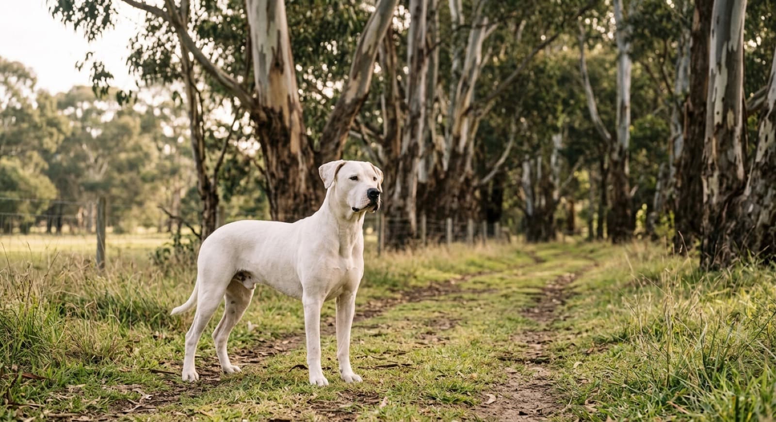 A healthy lean adult Bull Arab with a short coat standing on a shaded Melbourne parkland trail, representing the hardy condition of this Australian working crossbreed
