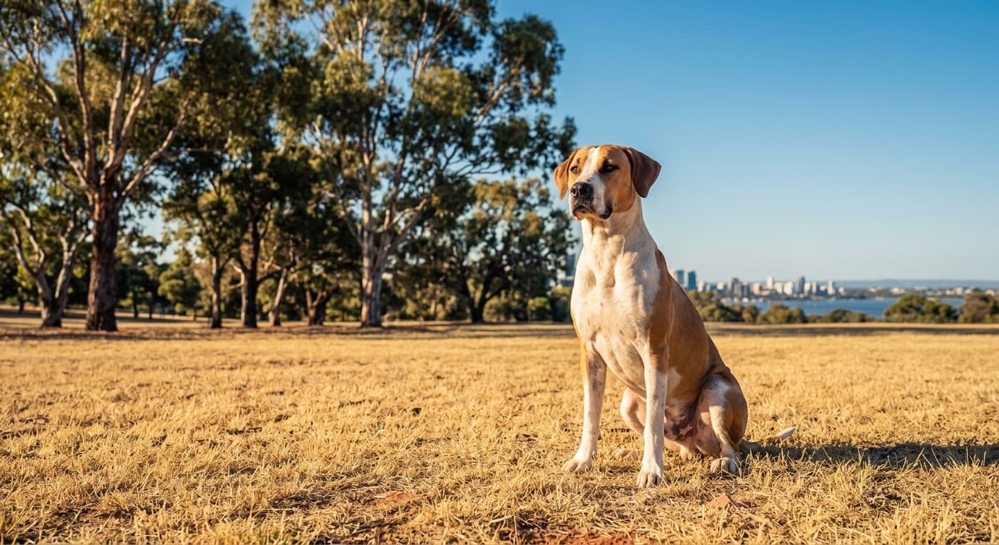 A healthy lean adult Bull Arab with a short coat sitting on dry golden grass in a sunny Perth park, representing the hardy condition of this Australian working crossbreed