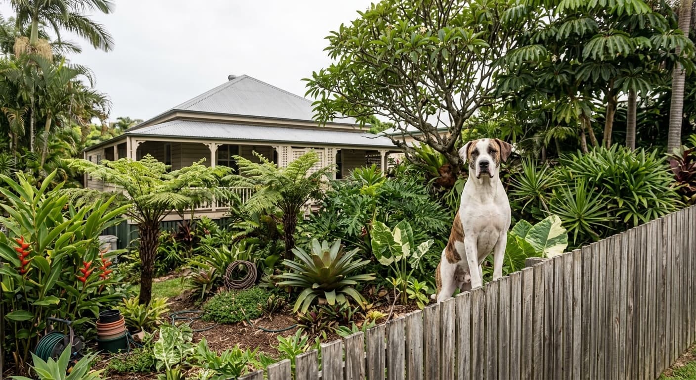 A large short-coated Bull Arab standing alert behind a tall timber fence in a lush Brisbane backyard, illustrating the breed's strong prey drive and the need for secure containment