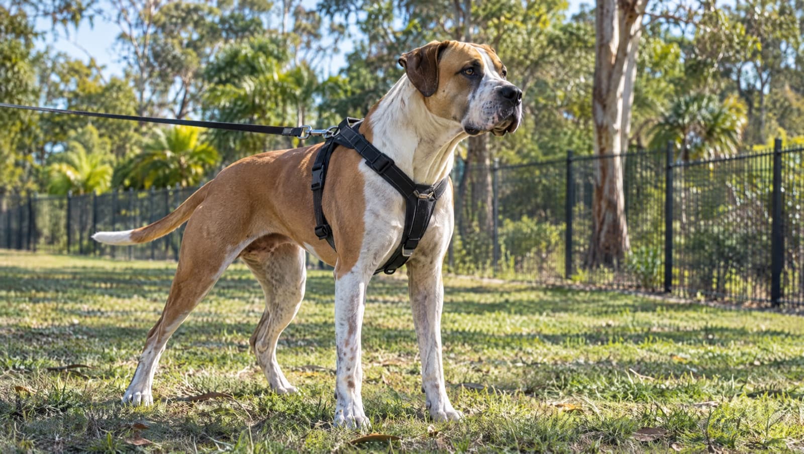 A large short-coated Bull Arab standing alert and focused on a long line in open Gold Coast parkland, illustrating the breed's strong prey drive and the need for secure containment