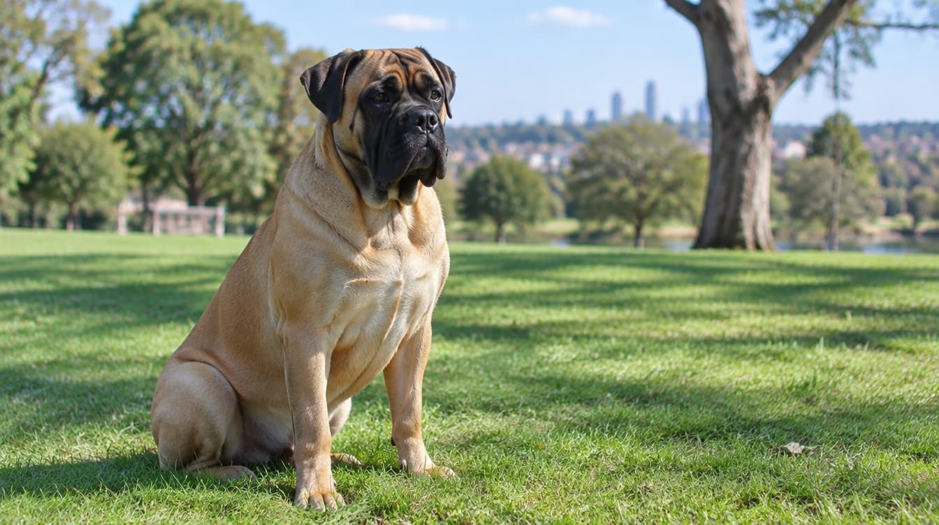 A large fawn Bullmastiff with a dark mask sitting calm and alert on grass in a sunny Brisbane park, representing the powerful guardian dogs occasionally available for adoption across Queensland rescues