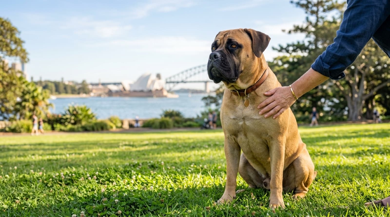 A calm fawn Bullmastiff with a dark mask sitting beside its owner on a sunny Sydney parkland lawn, representing the gentle giant guardian dogs available for adoption across NSW rescue