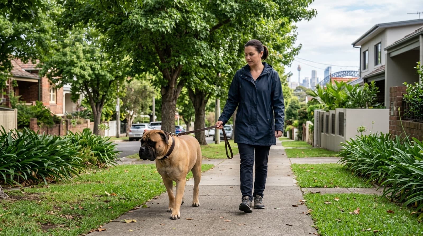 A large fawn Bullmastiff walking calmly on a loose lead beside its owner on a Sydney suburban footpath, illustrating the size, strength and lead management of a giant guardian breed
