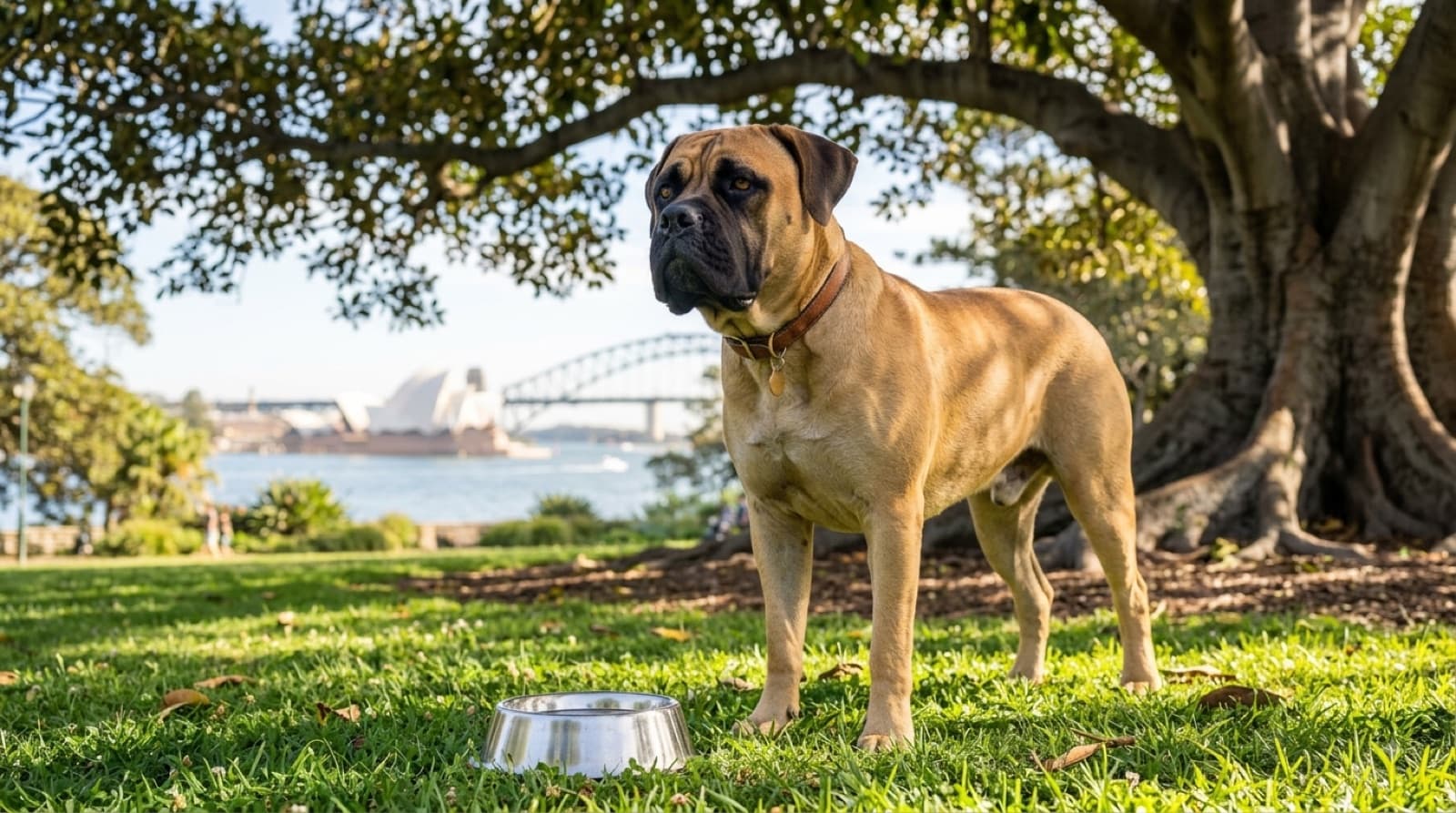 A healthy adult fawn Bullmastiff standing on a shaded Sydney lawn on a warm day, illustrating the giant-breed health and heat-management considerations for owners in NSW