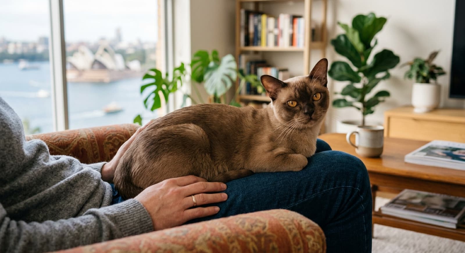 A sleek golden-eyed Burmese cat indoors, representing the Burmese and Burmese crosses that occasionally come up for adoption in Brisbane and Queensland rescues