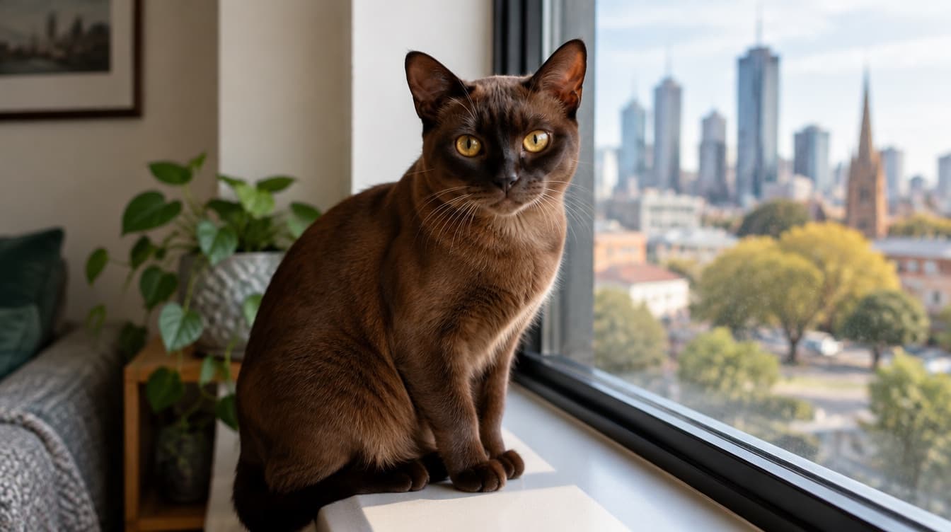 A sable brown Burmese cat with golden eyes sitting on a windowsill in a Perth home, representing the Burmese-type and sociable cross cats that occasionally come up for adoption in Western Australia