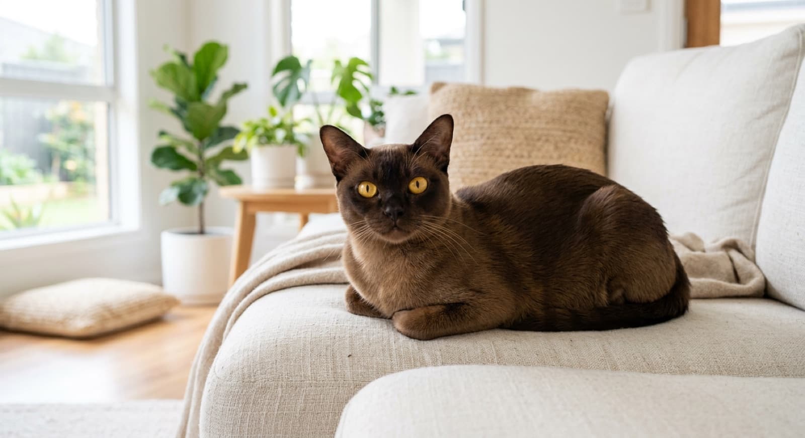 A healthy adult Burmese cat with golden eyes, illustrating a guide to the breed's health conditions for Brisbane owners
